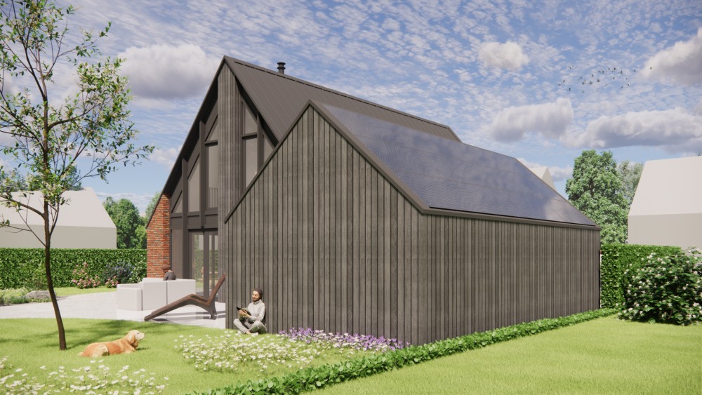 3D Render van eigentijdse schuurwoning met metselwerk en houten gevelaccenten 4