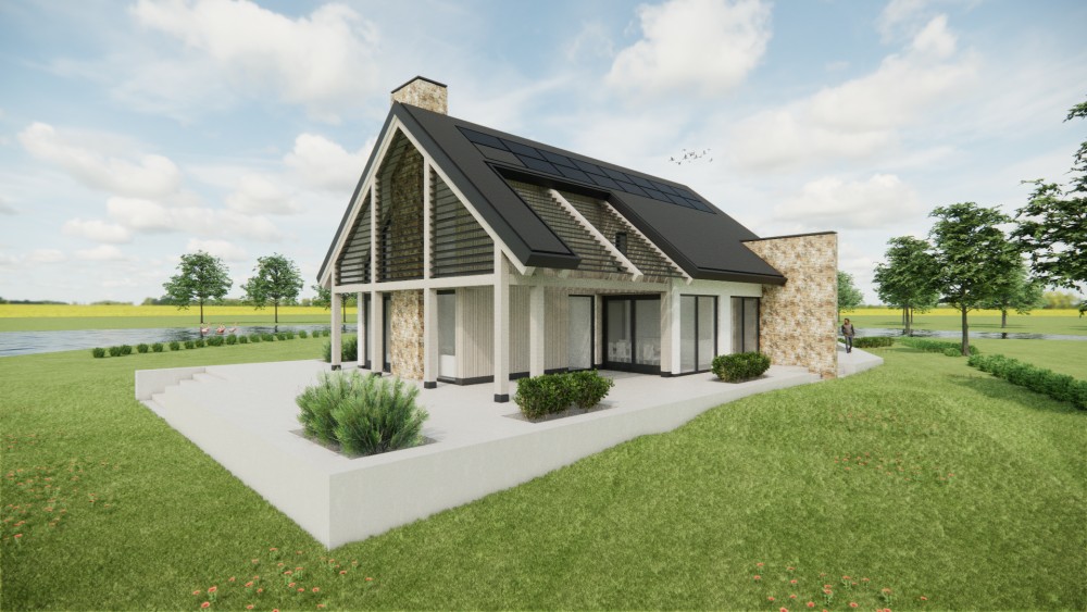 3D Render van landelijke villa met zadeldak, pleisterwerk gevels en houten accenten 3