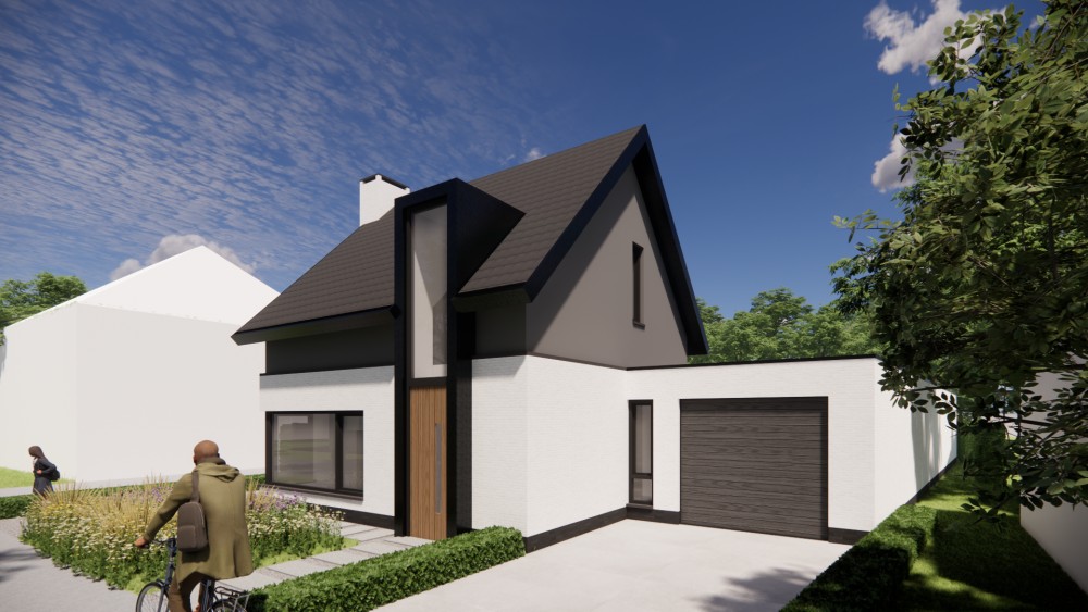 Afbeelding van Vrijstaande moderne woning met wit gekeimd metselwerk, zadeldak met vlakke dakpan en houtaccenten - f75c5dcc-bdbe-4c90-86a9-08cd5fe25a27