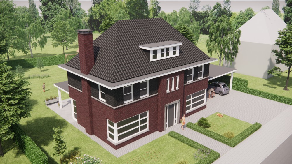 3D Render van vrijstaande jaren 30 notariswoning met metselwerk gevel en schilddak met gegolfde dakpannen 7
