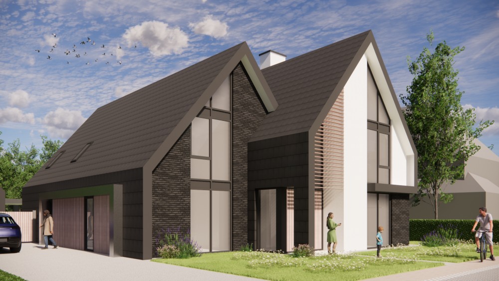 Afbeelding van Eigentijdse villa met metselwerk gevels en zadeldak met vlakke dakpannen - d9a75ce2-f9a5-4846-8d83-df7a2fbed7ab