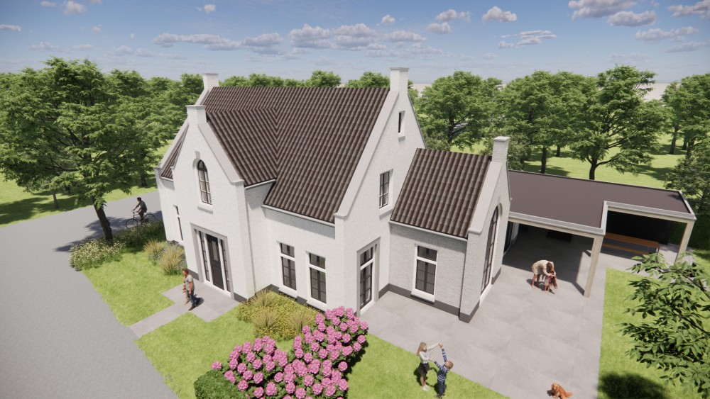 Afbeelding van Jaren 30 woning met wit gekeimd metselwerk schoorsteen en zadeldak met gegolfde dakpannen - 13311366-b03a-4bd5-b702-d180109f73ae
