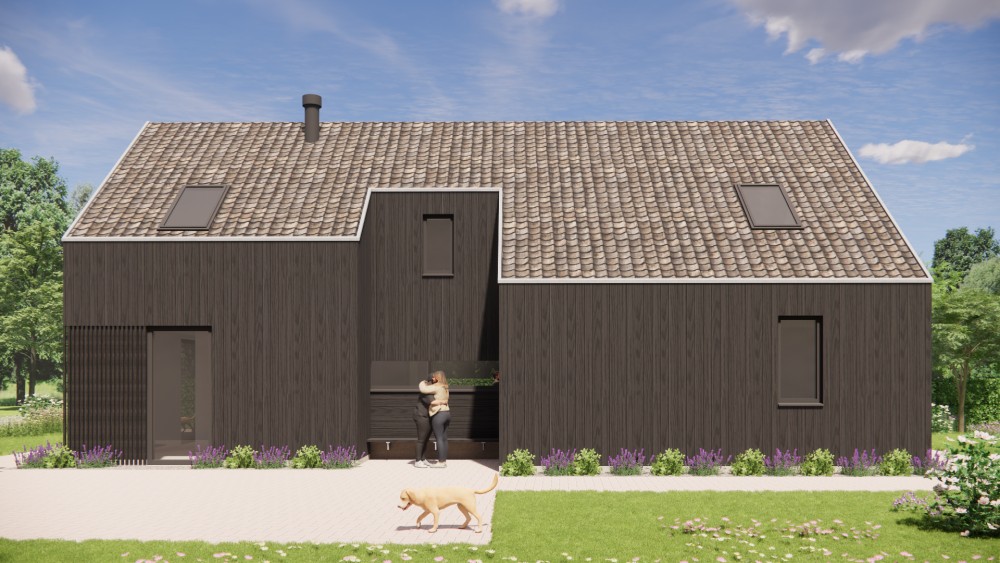 3D Render van landelijke schuurwoning met houten gevel, zadeldak en buiten shutters 5