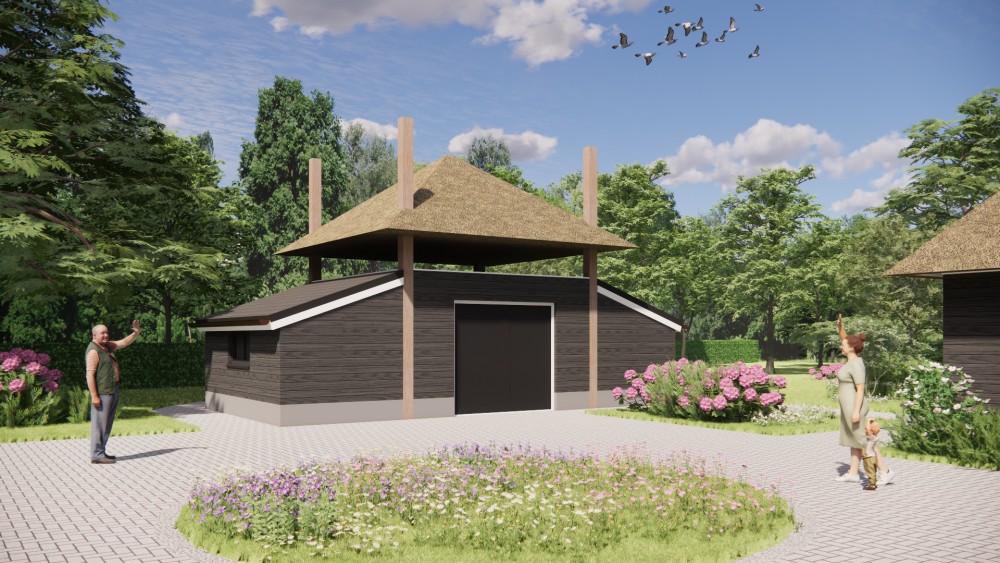 3D Render van landelijke tweekapper met rieten schilddak en houten geveldelen 8