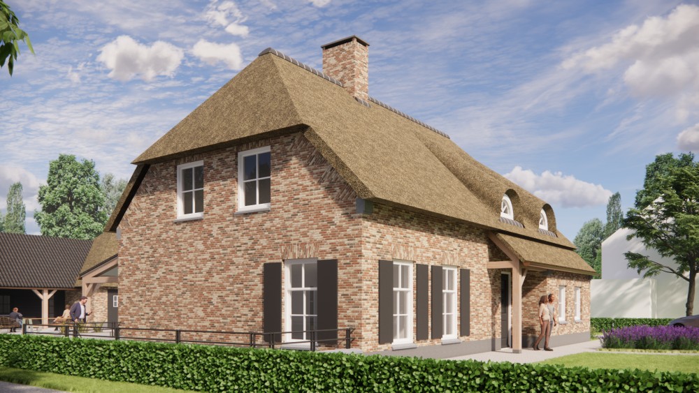 3D Render van boerderijwoning met rieten wolfsdak en houten accenten 8