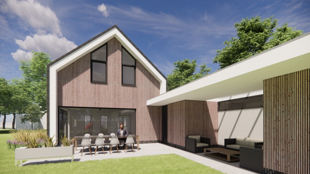 Afbeelding van Eigentijdse schuurwoning met zadeldak bruine houten gevel en vlakke dakpannen - 3af70f0b-78f3-4b19-91d0-a757810179c1