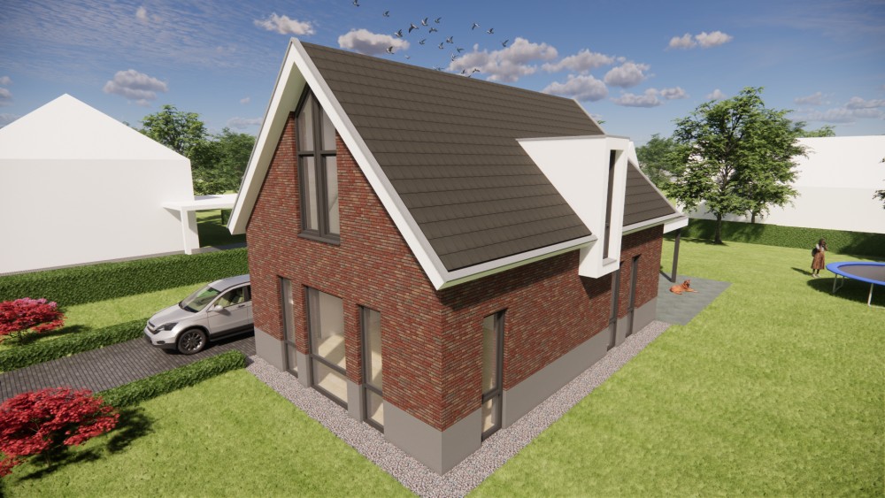 3D Render van vrijstaande moderne woning met rood metselwerk en zadeldak met gegolfde dakpannen 4
