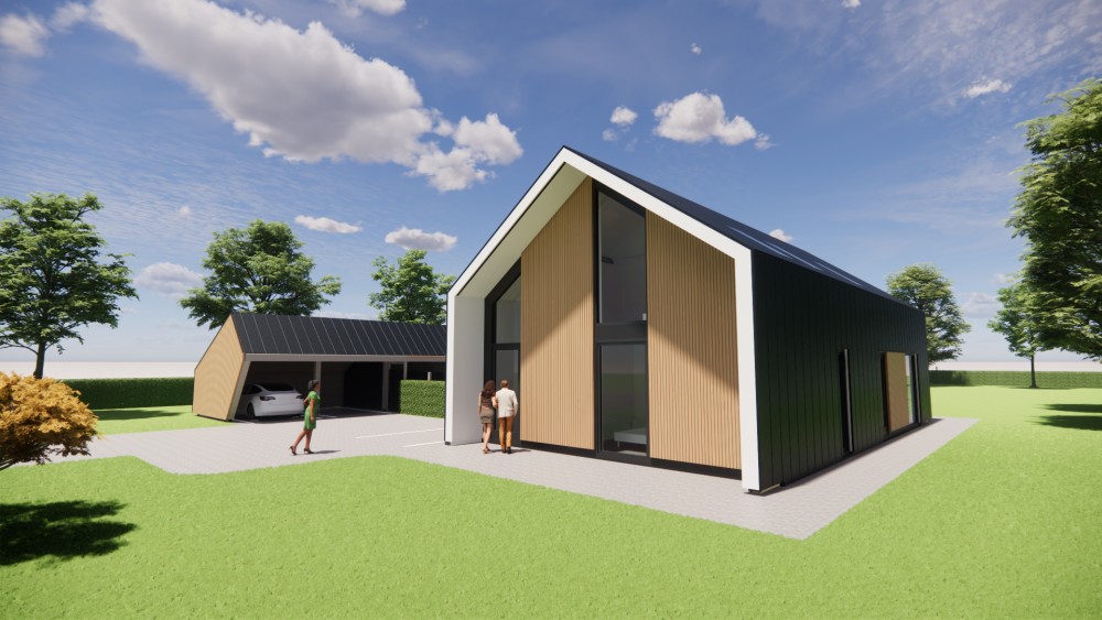 Afbeelding van Moderne schuurwoning met houten gevel en doorgetrokken metalen zadeldak - d6dd40d8-6a10-499f-9967-b94c7f4f7df6