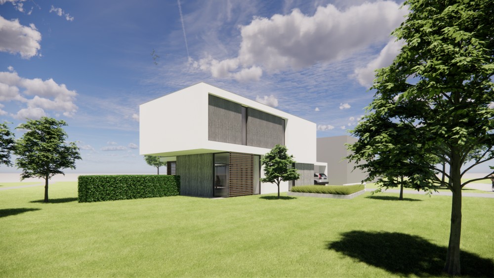 Afbeelding van Strakke kubusvormige woning met wit stucwerk en houten geveldelen - b49620ef-dcd1-4794-96dd-0a225a9bc3d4