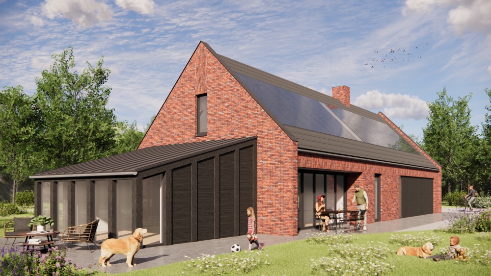Afbeelding van Vrijstaande moderne woning in rood metselwerk met zadeldak in vlakke dakpannen en houtaccenten - 2dcdd97b-d875-4856-a286-8035b7316a19