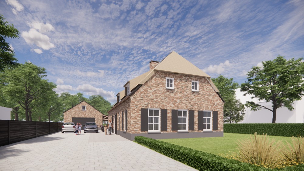 3D Render van vrijstaande landelijke woning met rieten wolfsdak en bruine metselwerkgevel 5
