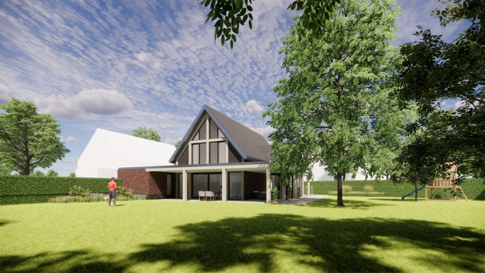 3D Render van moderne vrijstaande woning met metselwerk gevels en zadeldak met vlakke dakpannen 7