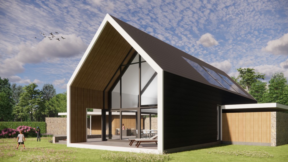 3D Render van landelijke schuurwoning met natuurlijke materialen en heldere zichtlijnen 5