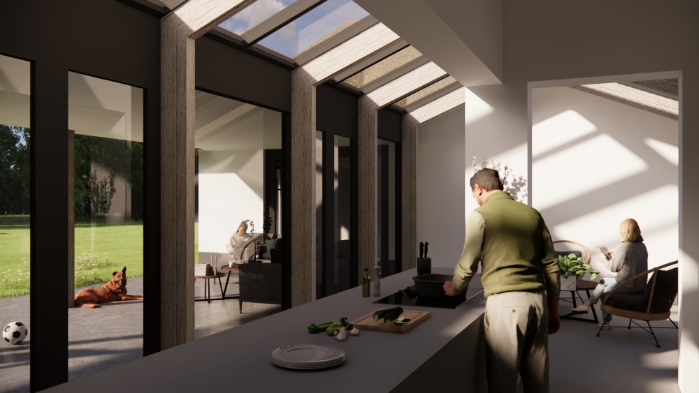 Afbeelding van Vrijstaande eigentijdse woning met wit pleisterwerk en rieten schilddak - 9ca4f8b9-9218-41e0-9aa1-f1d1bb745a23