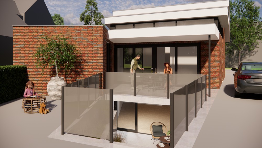 Afbeelding van Moderne vrijstaande woning in metselwerk met lessenaarsdak met vlakke dakpannen en verholen dakgoot - fb4d5532-a7d9-4a04-8acc-1fbba6d542bb