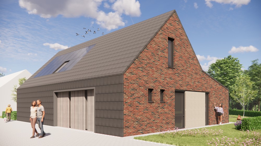 Afbeelding van Schuurwoning met zadeldak, donkere gevelsteen en houten accenten - ed62faf8-ebb9-48ba-a465-22a7e63b40f6