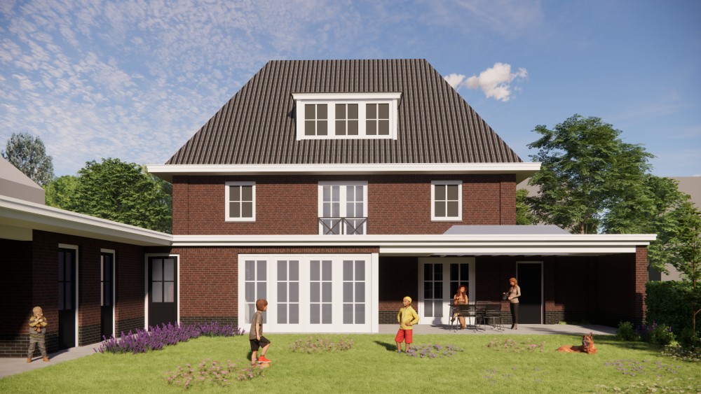 3D Render van notariswoning met metselwerk gevels, dakkapellen en gegolfd schilddak 5