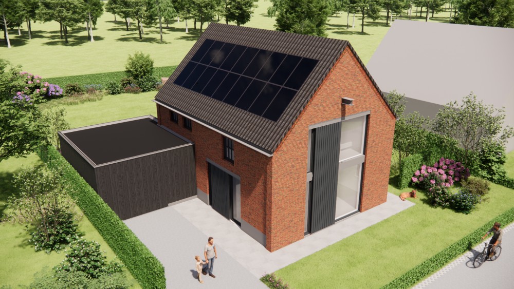 3D Render van industriele schuurwoning met metselwerk gevel en grote raampartijen 7