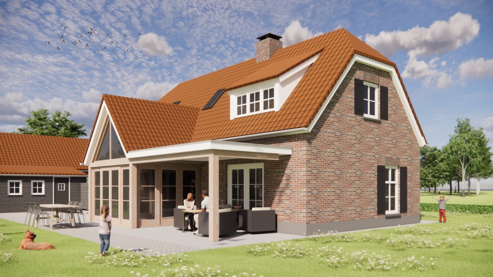 Afbeelding van Boerderijwoning met rood gegolfd wolfsdak, witte dakranden en bakstenen gevel - f22eee79-03e0-471b-b9b5-37126a16af3d