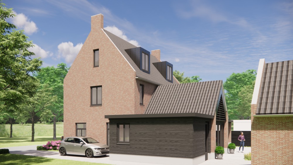 3D Render van kempisch vrijstaand woonhuis met metselwerk gevels, zadeldak en gegolfde dakpannen 8