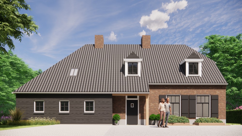 3D Render van landelijke boerderijwoning in metselwerk met wolfsdak met gegolfde dakpannen en houten accenten 5