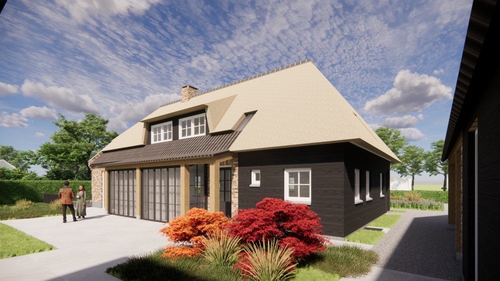 3D Render van landelijke boerderijwoning met rieten wolfsdak en metselwerk met houten accenten 7