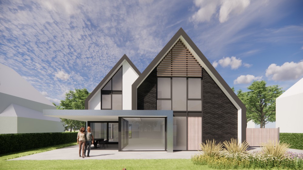 3D Render van eigentijdse villa met metselwerk gevels en zadeldak met vlakke dakpannen 5