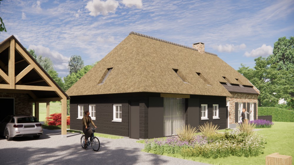 3D Render van landelijke boerderijwoning met rieten wolfsdak en metselwerk met houten accenten 7