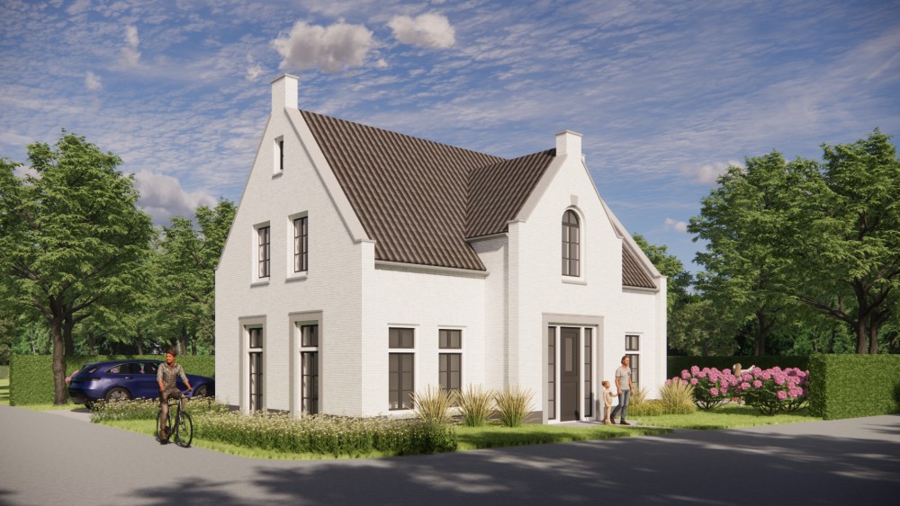 3D Render van jaren 30 woning met wit gekeimd metselwerk schoorsteen en zadeldak met gegolfde dakpannen 9