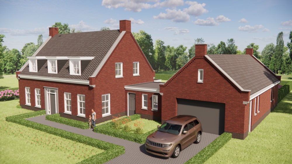 3D Render van traditionele notariswoning met metselwerk gevels, zadeldak en erker 8