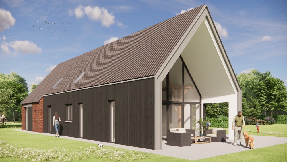 3D Render van moderne schuurwoning met metalen en metselwerk gevel 4