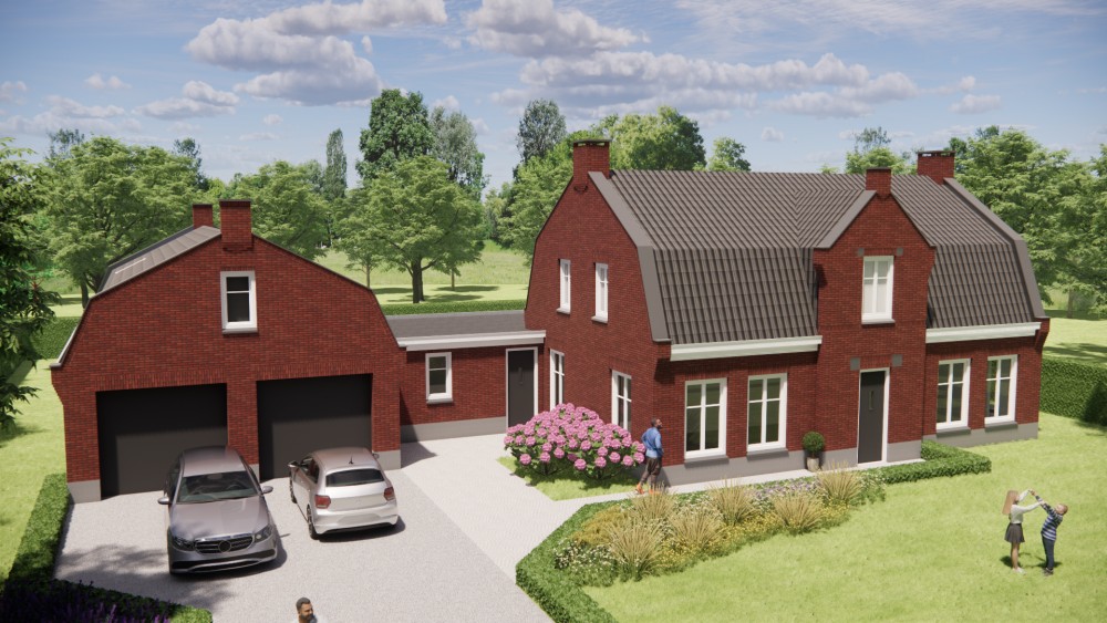 3D Render van vrijstaand woonhuis in jaren 30 stijl met metselwerkgevel en mansardedak met gegolfde dakpannen 9