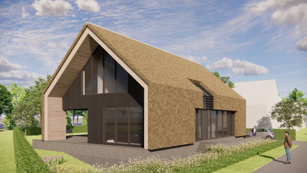 Afbeelding van Moderne schuurwoning met rieten zadeldak en houten gevels - e3d9682a-ffd3-47d6-8717-ac548a74fbd5