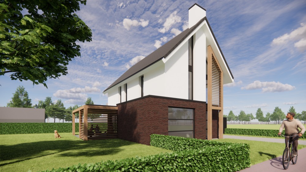 3D Render van witgepleisterde moderne woning met risaliet, houten accenten en vlakke dakpannen 4