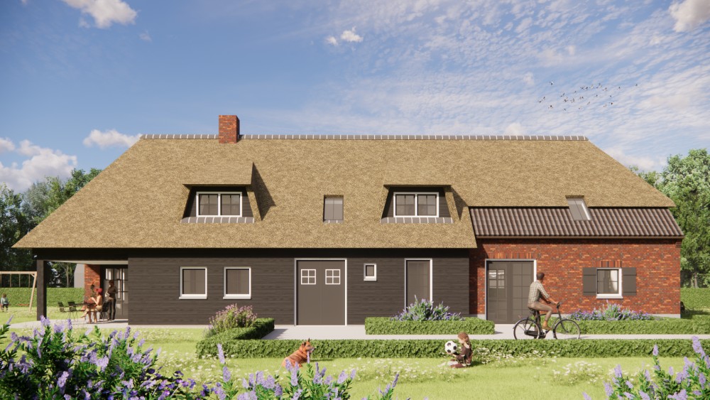 Afbeelding van Rietgedekte landelijke woning met rood metselwerk en houten accenten - c52dae6b-876f-4c54-ae88-a65d0093bb82