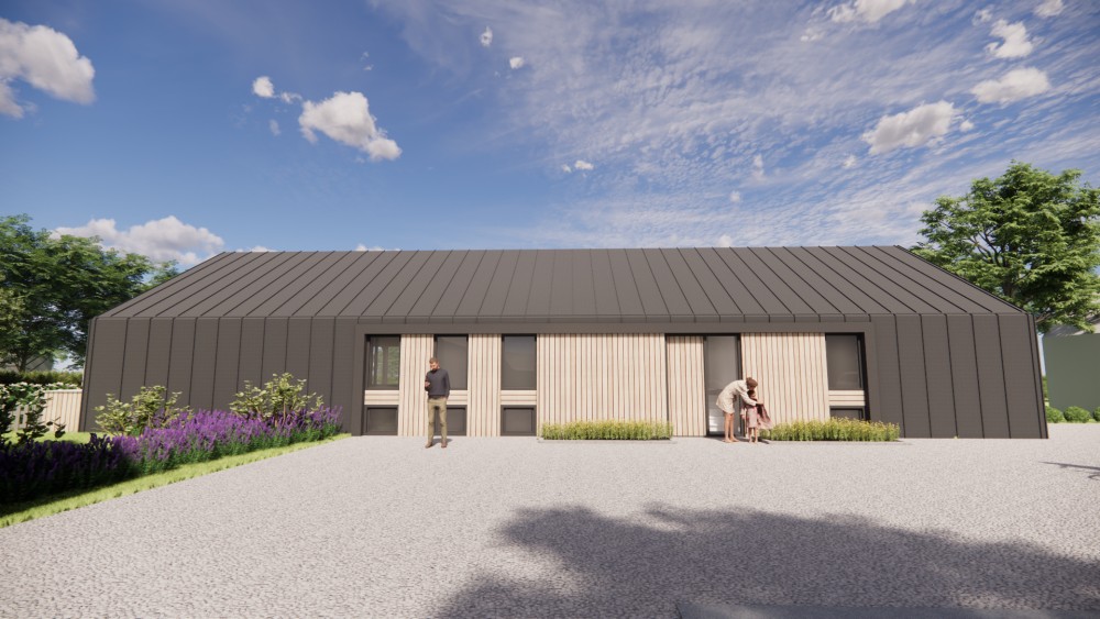 3D Render van moderne schuurwoning met houten gevel felsplaat zadeldak en overstekken 4