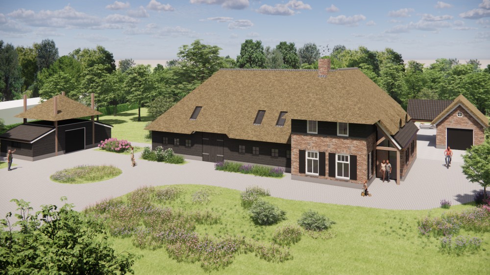 3D Render van landelijke tweekapper met rieten schilddak en houten geveldelen 9