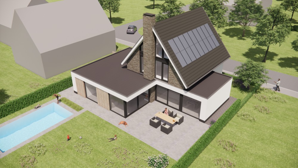 3D Render van woning met wit stucwerk, houten accenten en overstekend zadeldak 8
