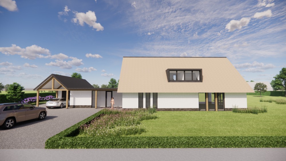 3D Render van moderne L-vormige woning met rieten zadeldak en gekeimde gevels 4