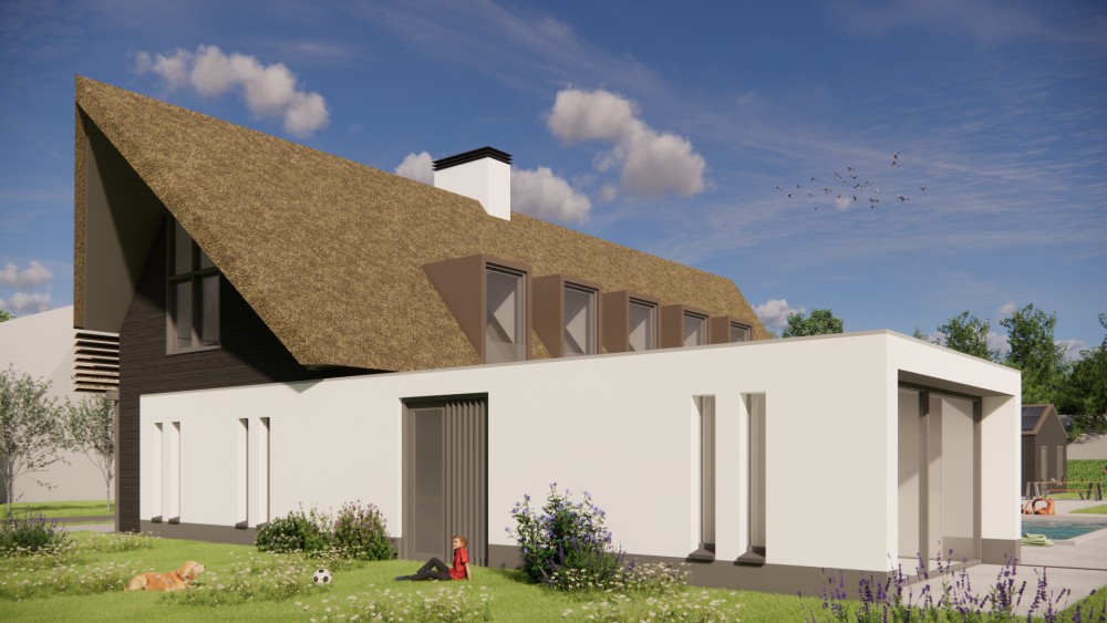 Afbeelding van Moderne woning met pleisterwerk, rieten dak en zadeldak op drie bouwlagen - c70c829a-9f77-4ed0-abdf-4884442b01b3