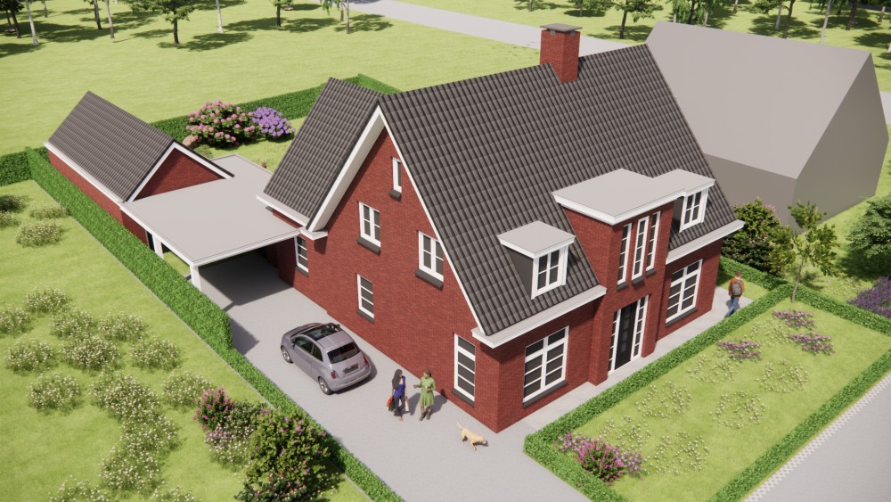 3D Render van traditionele notariswoning met metselwerkgevel, dakkapel en risaliet 7