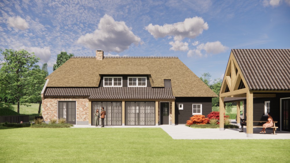 3D Render van landelijke boerderijwoning met rieten wolfsdak en metselwerk met houten accenten 6