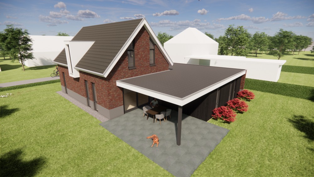 3D Render van vrijstaande moderne woning met rood metselwerk en zadeldak met gegolfde dakpannen 7