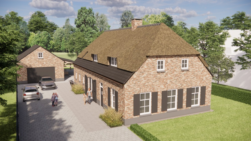 3D Render van vrijstaande landelijke woning met rieten wolfsdak en bruine metselwerkgevel 9