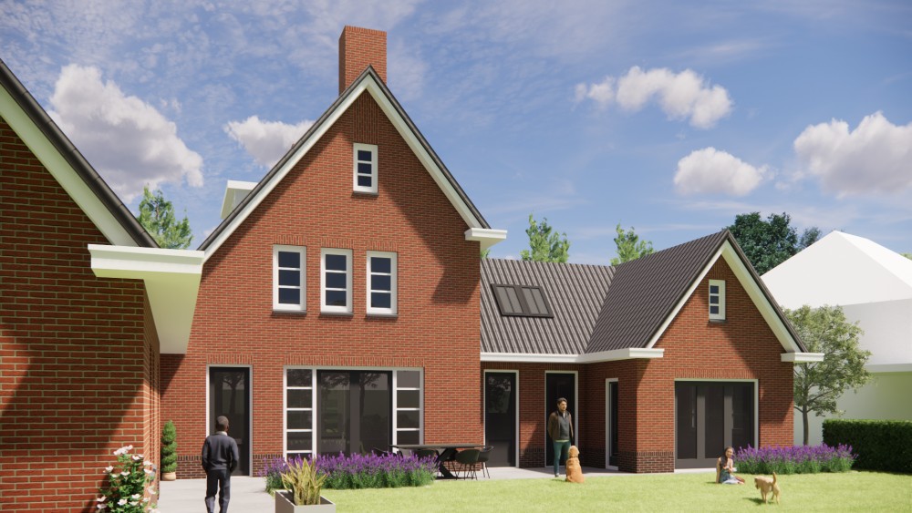 3D Render van vrijstaande jaren 30 woning met metselwerk gevels en zadeldak met gegolfde dakpannen 7