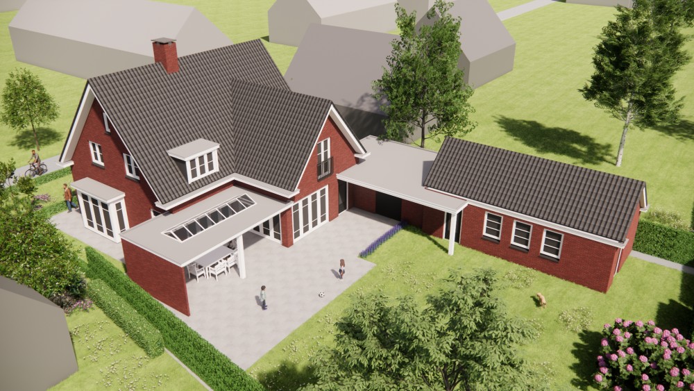 3D Render van traditionele notariswoning met metselwerkgevel, dakkapel en risaliet 8