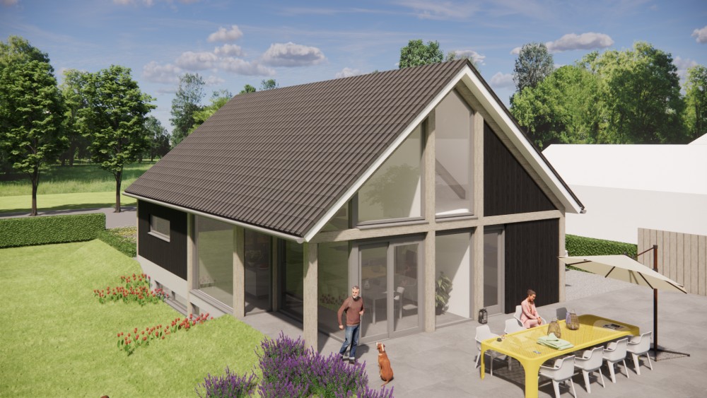 3D Render van vrijstaande schuurwoning met houten gevel, hoekkozijnen en overkapt terras 7