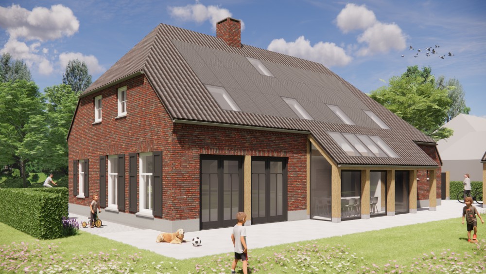 Afbeelding van Landelijke boerderijwoning met wolfsdak, gegolfde dakpannen en houten accenten - a64d5015-9754-4ab9-a915-ccee9afcf2af