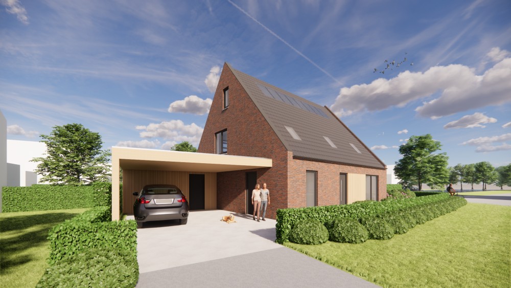 Afbeelding van Vrijstaande moderne woning in rood metselwerk met zadeldak van vlakke dakpannen en houten accenten - ef01d1f2-51d4-409f-87f9-474c5f352a34