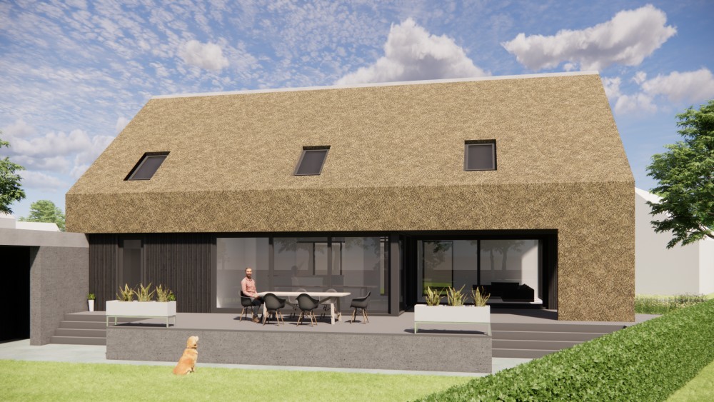3D Render van moderne schuurwoning met rieten zadeldak en houten gevels 5